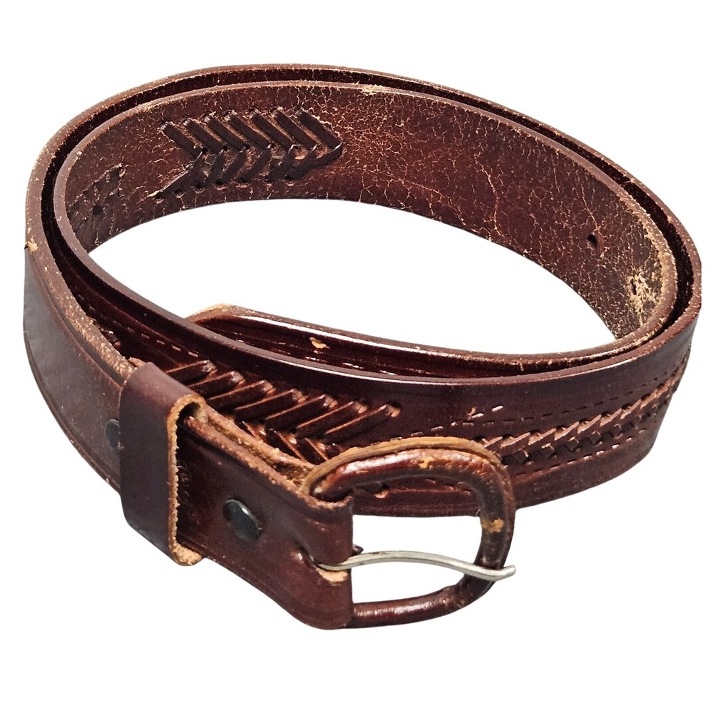 Vintage 80s Leather Belt Mens 38 Brown Arrow Stamped Western Cowboy Workwear